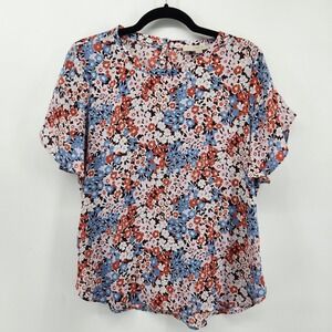 LOFT Floral‎ Blouse Women's Medium Petite MP Pink Blue Red Flutter Sleeve